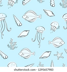 Seamless pattern with fish, starfishes,  seashells, corals . Marine vintage background. Vector illustration in sketch style for print on textile, wallpapers. 
