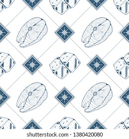 Seamless pattern with fish steak and ice cubes in blue color. Vector illustration