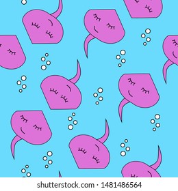 Seamless pattern fish stingray, vector illustration hand drawing, purple and blue sketches