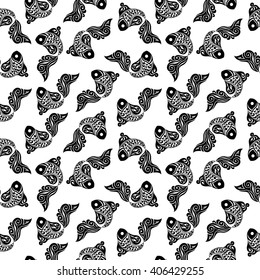 seamless pattern with fish in the style of Doodle, zentangle.black hand drawing on a white background. vector illustration