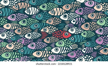 Patrón sin mar con peces nadando contra la corriente. Uno contra la multitud, no como todos los demás. Huella vectorial con colorido calzado de vida marina