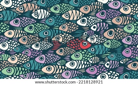 Seamless pattern with fish swimming against the current. One against the crowd, not like everyone else. Vector print with colorful shoal of marine life