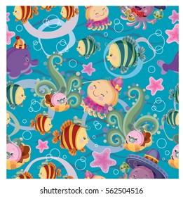 Seamless pattern with fish swimming in the sea