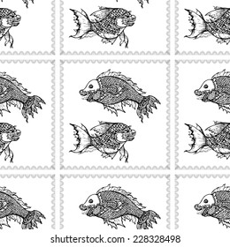 Seamless pattern of fish, thai traditional art, on white