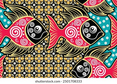 Seamless pattern with Fish tribal vector, Indonesian Batik Motif