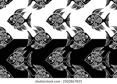 Seamless pattern with Fish tribal vector Illustration, Indonesian Batik Motif