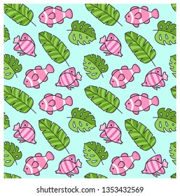 Seamless pattern with fish and tropical leaves. Sea and ocean. Print for textile, fabric, bed linen, posters, decor, paper, wallpaper. Vector illustration.