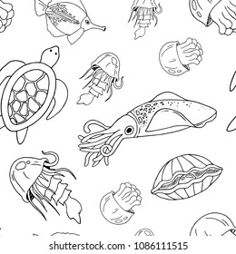 seamless pattern with fish, turtle, squid, jellyfish, black and white sketches, hand drawing, vector illustration