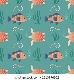 Seamless pattern with fish and turtles swimming in the sea. Marine life. Vector EPS10.