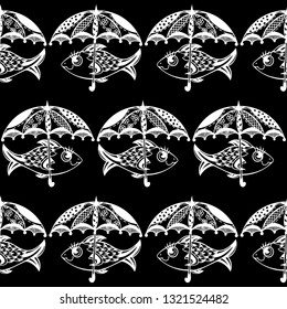 seamless pattern with fish with umbrella on the sea or ocean. vector. zentagl. doodling. black and white