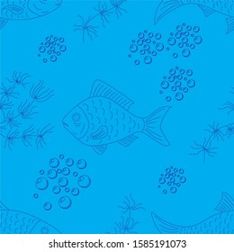 Seamless pattern, fish, underwater plants, bubbles, vector illustration