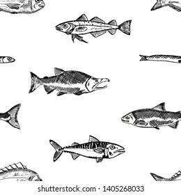 Seamless pattern of fish. Vector cartoon background. Hand-drawn style.