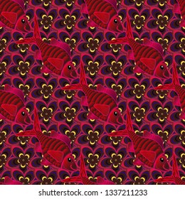 Seamless pattern with fish. Vector illustration. Decorative ornament with fishes in brown, red and magenta colors. Abstract vector color image of repeating and alternating constituent elements.