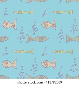 Seamless pattern with fish and water bubbles