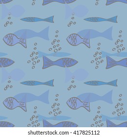 Seamless pattern with fish and water bubbles