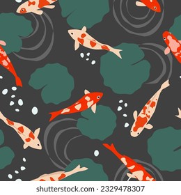 Patrón sin foco con peces en el agua y plantas. Gráficos vectoriales.