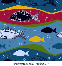 Seamless pattern with fish. Waved  background.