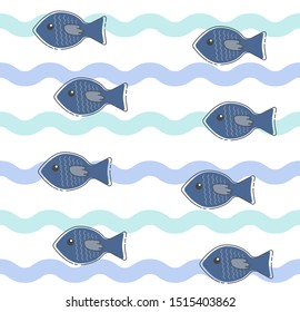 Seamless pattern with fish and waves. Color vector illustration.