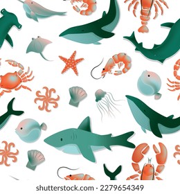 Seamless pattern Fish and wild marine animals on white background. Inhabitants of the sea world, cute, funny underwater creatures shark, ocean crabs, sea turtle, shrimp. Flat modern illustration