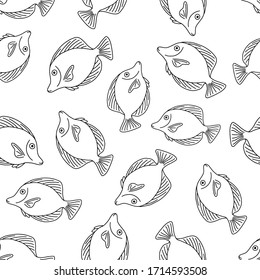 Seamless pattern with fish.A fish with a large sharp fin.Marine theme.Doodle style.Black and white image.Vector illustration.