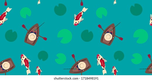 seamless pattern with fisherman and koi carps swimming in a pond with water lilies. Modern design for packaging, paper, cover, fabric, interior decor