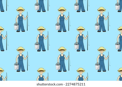 Seamless pattern with fisherman on tender blue background. Wallpaper and textile print.