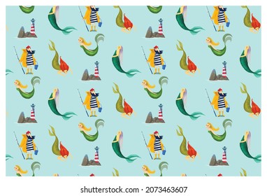 Seamless pattern with fisherman, rausalka and lighthouse for kids