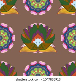 Seamless pattern with fishes. Abstract Vector illustration. Color image of repeating and alternating constituent elements.Fishes on brown, green and blue. Decorative ornament. Vector illustration.