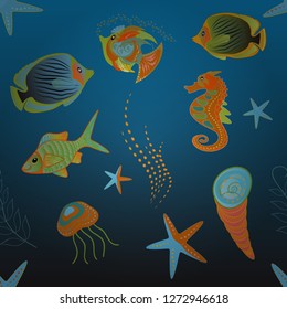 Seamless pattern with fishes. Abstract vector pattern of repeating and alternating constituent elements. Decorative ornament. Vector illustration. Fishes in blue, green and gray colors.