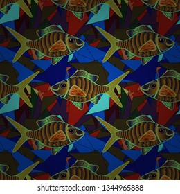 Seamless pattern with fishes. Abstract vector pattern of repeating and alternating constituent elements. Fishes in blue, gray and brown colors. Decorative ornament. Vector illustration.