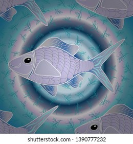 Seamless pattern with fishes. Abstract vector pattern of repeating and alternating constituent elements. Decorative ornament. Vector illustration. Fishes in blue, violet and gray colors.
