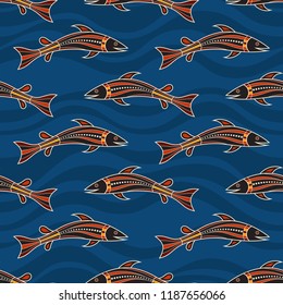 Seamless pattern of fishes with abstract waves on background. Australian art. Aboriginal painting style. Vector color background.