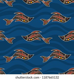 Seamless pattern of fishes with abstract waves on background. Australian art. Aboriginal painting style. Vector color background.