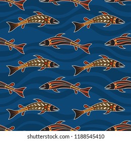 Seamless pattern of fishes with abstract waves on background. Australian art. Aboriginal painting style. Vector color background.