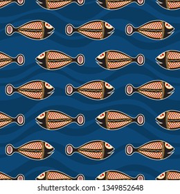 Seamless pattern of fishes with abstract waves on background. Australian art. Aboriginal painting style. Vector color background.