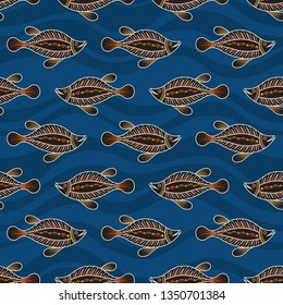 Seamless pattern of fishes with abstract waves on background. Australian art. Aboriginal painting style. Vector color background.