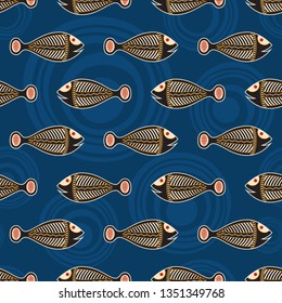 Seamless pattern of fishes with abstract waves on background. Australian art. Aboriginal painting style. Vector color background.