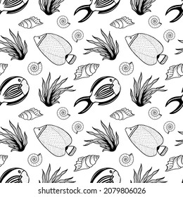 Seamless pattern with fishes, algae and shells. Black and white hand drawn vector illustration. Seamless background. Wallpaper design. Fabric design. Simple vector pattern with cute fishes.