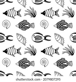 Seamless pattern with fishes, algae and shells. Black and white hand drawn vector illustration. Seamless background. Wallpaper design. Fabric design. Simple vector pattern with cute fishes.