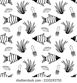 Seamless pattern with fishes, algae, squid and shells. Black and white hand drawn vector illustration. Seamless background. Wallpaper design. Fabric design. Simple vector pattern with cute fishes.