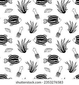 Seamless pattern with fishes, algae, squid and shells. Black and white hand drawn vector illustration. Seamless background. Wallpaper design. Fabric design. Simple vector pattern with cute fishes.