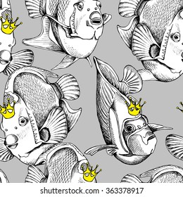 Seamless pattern with the fishes Angelfish with the crowns. Vector illustration.
