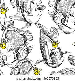 Seamless pattern with the fishes Angelfish with the crowns. Vector illustration.