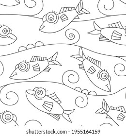 Seamless pattern with fishes. Art line. Black-white background.