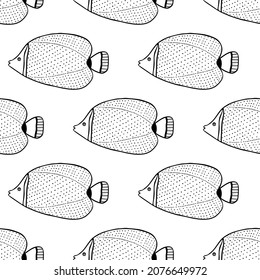 Patrón sin foco con peces. Ilustración vectorial dibujada a mano en blanco y negro. El fondo es impecable. Diseño de fondo de escritorio. Diseño de tela. Simple patrón vectorial con peces lindos.