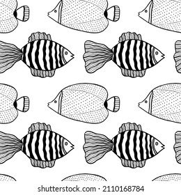 Seamless pattern with fishes. Black and white hand drawn vector illustration. Seamless background. Wallpaper design. Fabric design. Simple vector pattern with cute fishes.