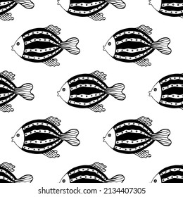 Patrón sin foco con peces. Ilustración vectorial dibujada a mano en blanco y negro. El fondo es impecable. Diseño de fondo de escritorio. Diseño de tela. Simple patrón vectorial con peces lindos.