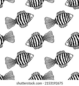Seamless pattern with fishes. Black and white hand drawn vector illustration. Seamless background. Wallpaper design. Fabric design. Simple vector pattern with cute fishes.