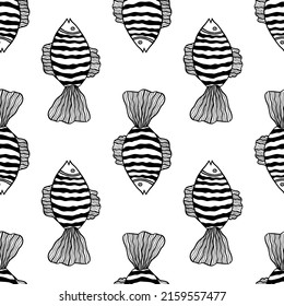 Seamless pattern with fishes. Black and white hand drawn vector illustration. Seamless background. Wallpaper design. Fabric design. Simple vector pattern with cute fishes.
