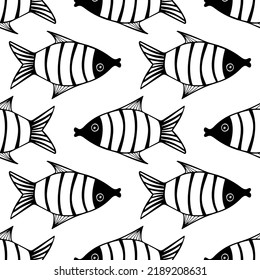 Seamless pattern with fishes. Black and white hand drawn vector illustration. Seamless background. Wallpaper design. Fabric design. Simple vector pattern with cute fishes.